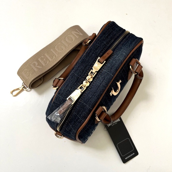 NWT Original TRUE RELIGION Denim Logo Mini Satchel Crossbody Bag Blue Brown - Picture 8 of 12